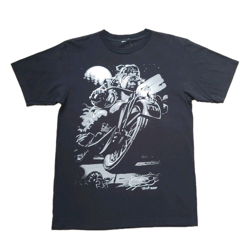 Vintage 2007 Liquid Blue FTW Biker Bulldog Sz M-L Mens Black Double Side T-Shirt